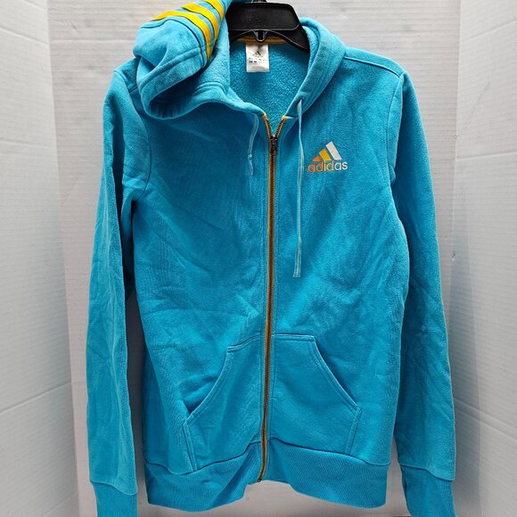Adidas Bright Blue & Yellow 3 Stripe Sweatshirt Hoodie Y2K Bold Full Zipper Logo - Picture 1 of 11